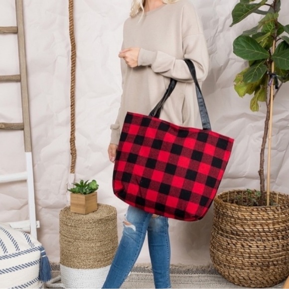 Plaid Flannel Shoulder Tote Bag Red Black Buffalo Plaid Tote - Picture 3 of 5
